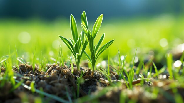 uma pequena planta está crescendo no chão em um campo gramado