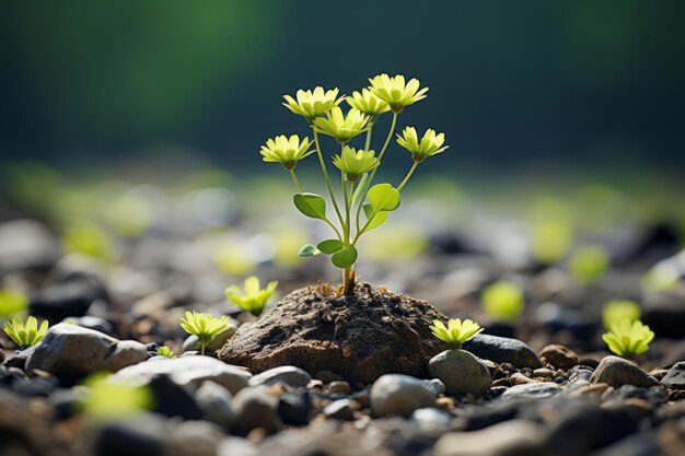 uma pequena planta está crescendo no chão no meio de uma cidade