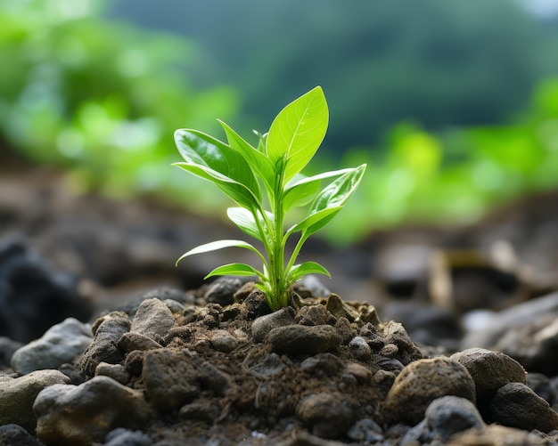 uma pequena planta está crescendo no chão