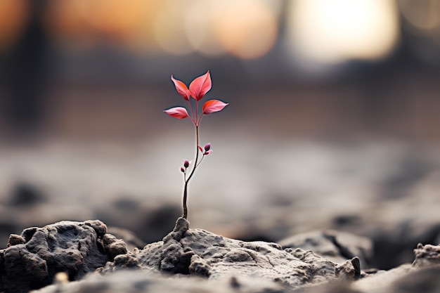 uma pequena planta está crescendo no chão