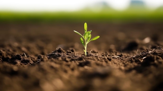 Uma pequena planta está crescendo no solo.