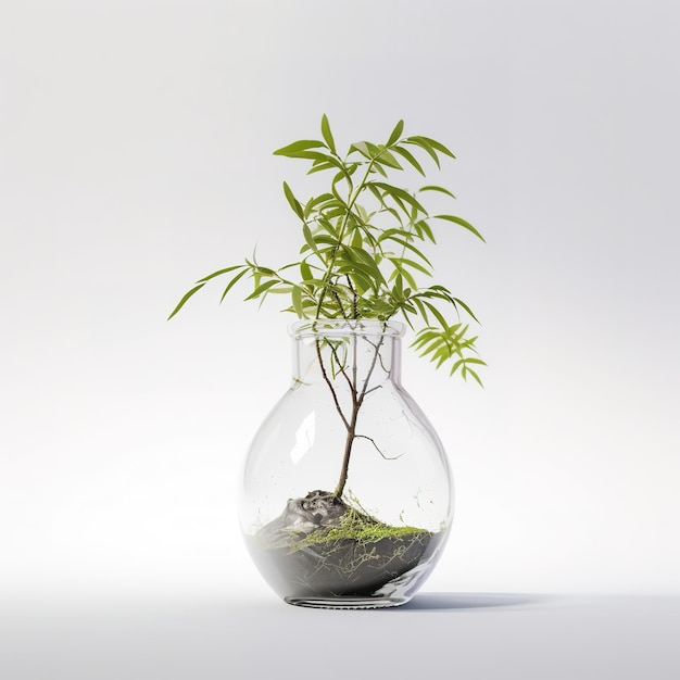 Uma pequena planta está em um vaso de vidro com água e a palavra "árvore" nela.