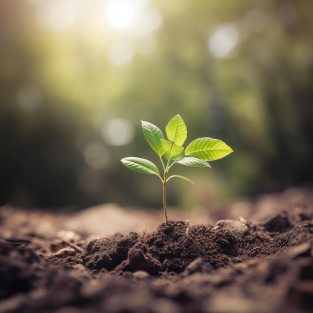 Uma pequena planta está na terra com o sol brilhando sobre ela.