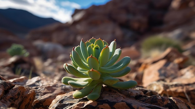 Uma pequena planta suculenta fica em uma rocha no deserto.