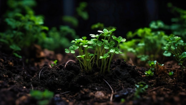 Uma pequena planta verde brotando do solo