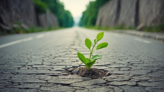 uma pequena planta verde brotendo de uma rachadura na estrada