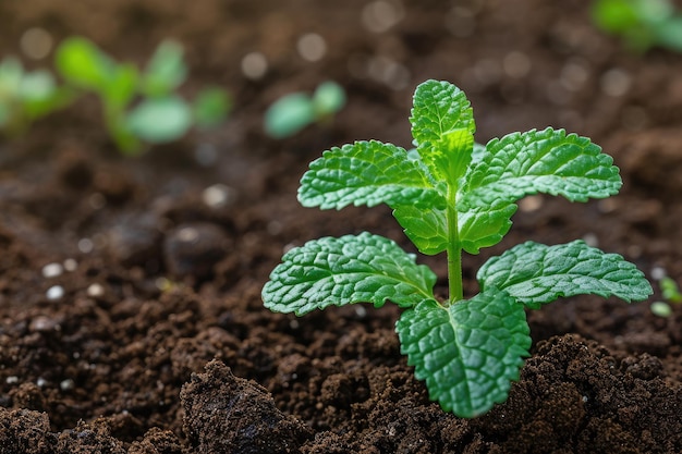 Uma pequena planta verde emerge do solo mostrando os estágios iniciais de crescimento um galho de hortelã brotendo de um solo rico AI gerado