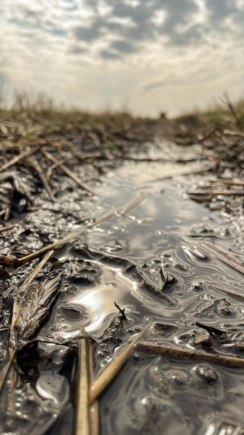 Uma pequena poça após a chuva no campo