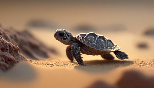 Uma pequena tartaruga bebê fazendo sua jornada pela areia generativa Ai