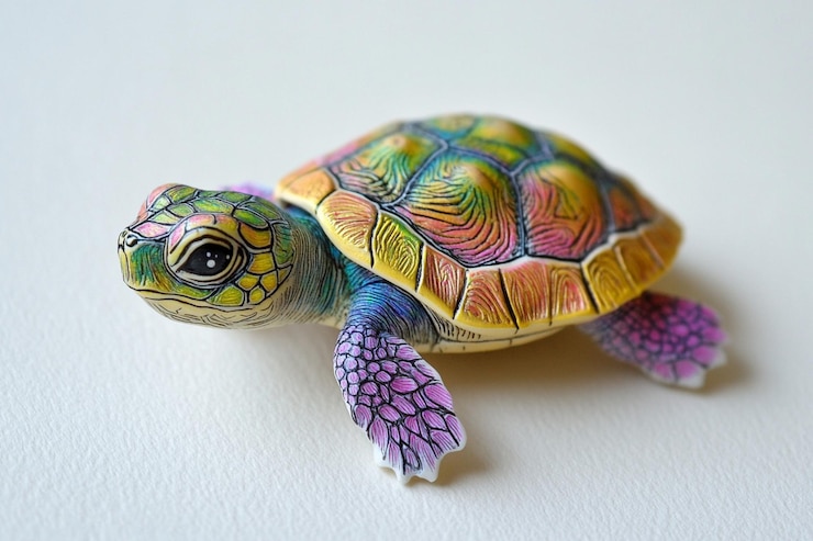 Foto uma pequena tartaruga com uma concha colorida em fundo branco