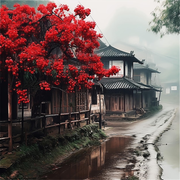 Uma pequena vila chinesa com casa e uma árvore com flores vermelhas