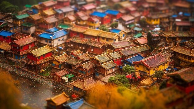 Uma pequena vila com telhados coloridos e um rio ao fundo.