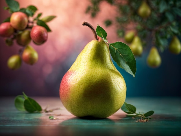 uma pêra sobre uma mesa com um cacho de uvas e uma uva sobre ela