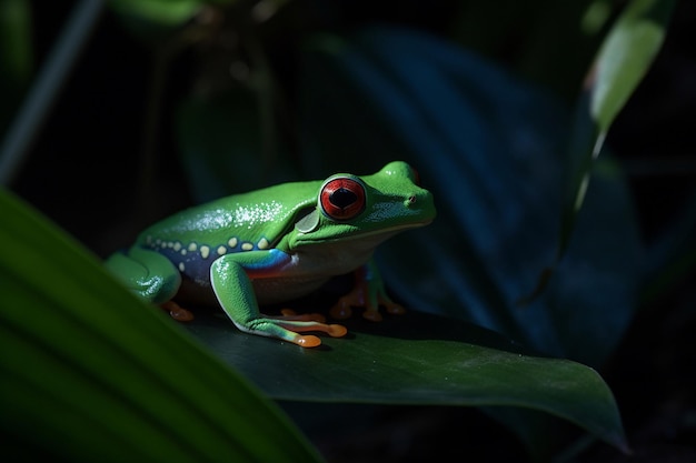 Uma perereca verde senta-se em uma folha no escuro.