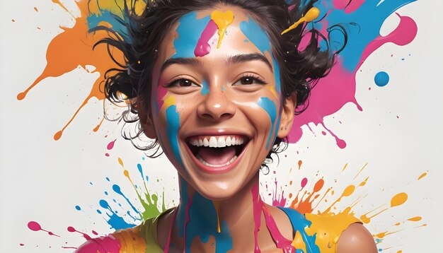 Foto uma personagem com salpicos de tinta brincalhona no rosto irradiando uma sensação de alegria