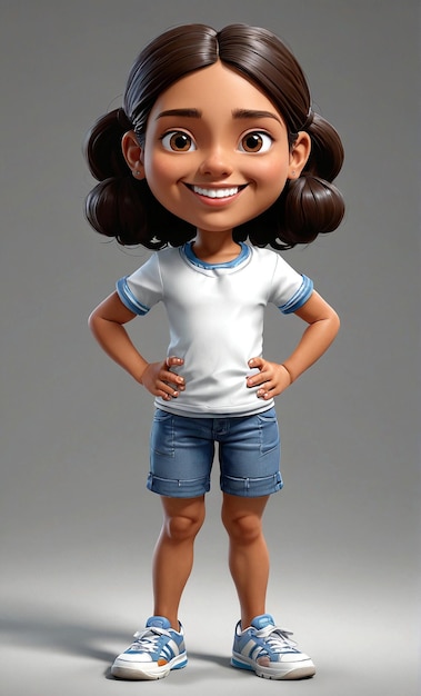 uma personagem de desenho animado com uma camisa branca e calções azuis