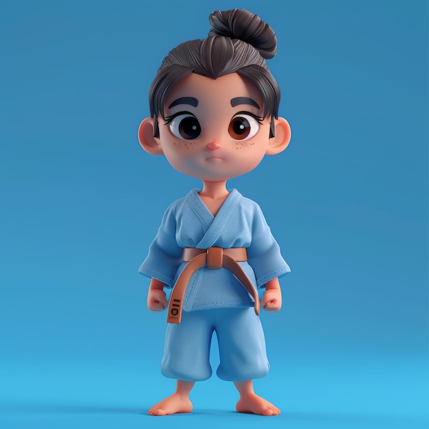 uma personagem de desenho animado com uma roupa azul e um cinto marrom