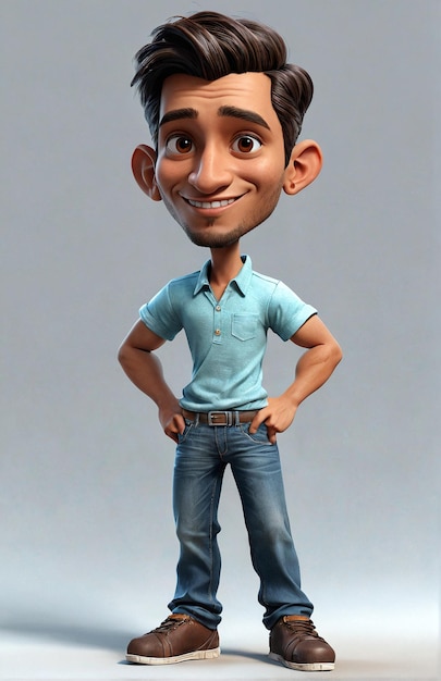 uma personagem de desenho animado em uma camisa azul e jeans