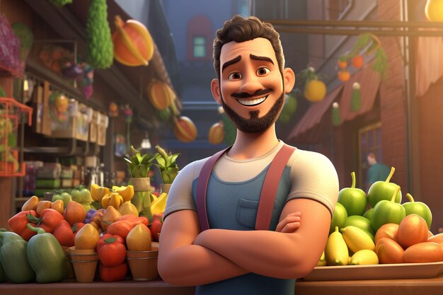 uma personagem de desenho animado em uma mercearia vendendo frutas