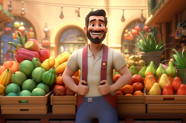 uma personagem de desenho animado em uma mercearia vendendo frutas