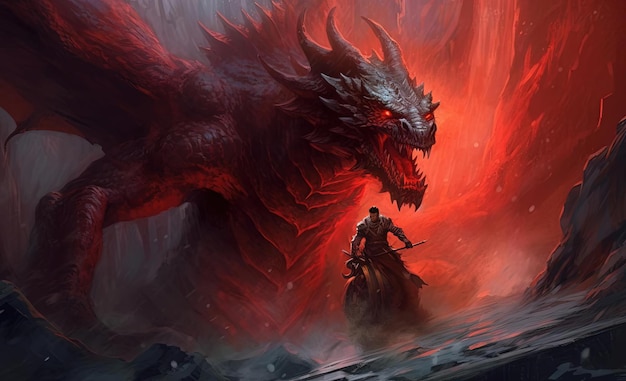 uma personagem de fantasia montando um dragão zangado no estilo de composição dramática