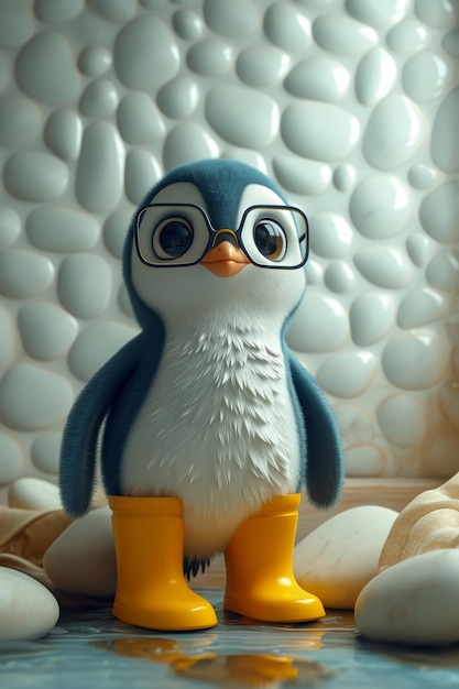 Uma personagem de pinguim animada em botas amarelas ilustração 3D