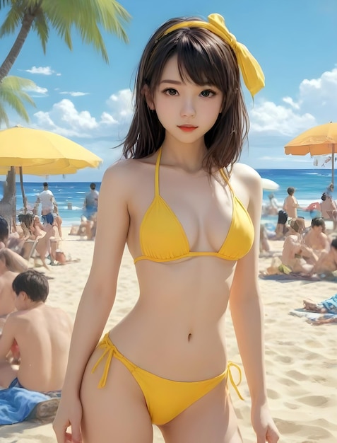 Uma personagem feminina com um biquíni amarelo e acessórios correspondentes em um cenário de praia com pessoas em t