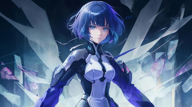 Uma personagem feminina de anime em um terno futurista com cabelo azul contra um fundo escuro