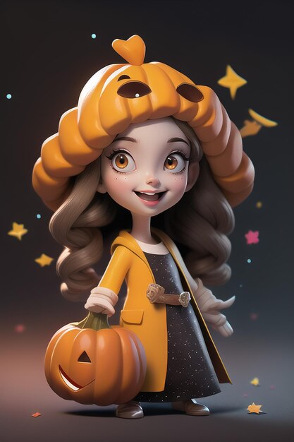 Uma personagem fofa de desenho animado segura uma abóbora com um estilo de moda Halloween