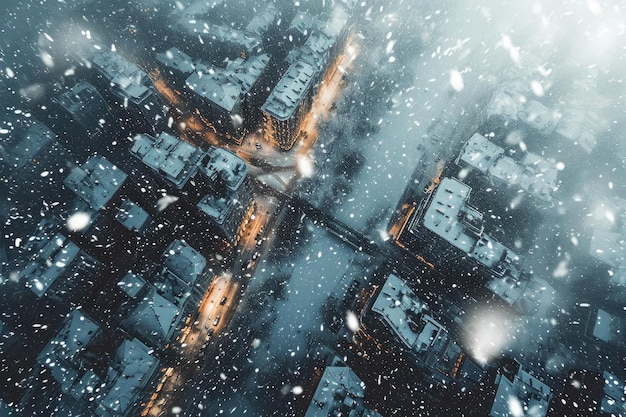 Uma perspectiva aérea de uma cidade coberta de neve com edifícios altos e ruas alinhadas por árvores Cidade envolta em nevasca macia vista de uma perspectiva aérea AI Gerado