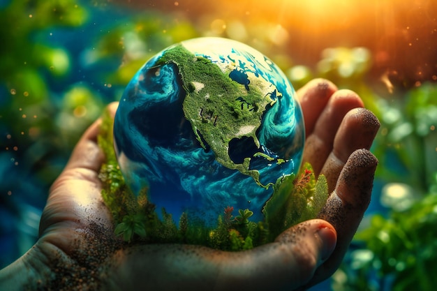 Uma perspectiva global de proteção ambiental com as mãos abraçando uma Terra verde promovendo o desenvolvimento sustentável e um futuro verde