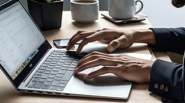 Foto uma pessoa a navegar por um touchpad de portátil num espaço de coworking limpo e moderno