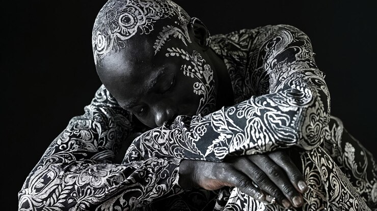 Foto uma pessoa adornada com uma roupa com padrões pretos e brancos senta-se contemplativamente com a cabeça apoiada