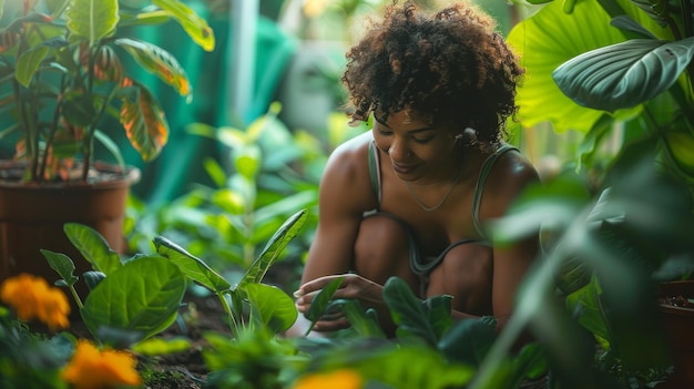 Uma pessoa agachada em um jardim cuidando de plantas