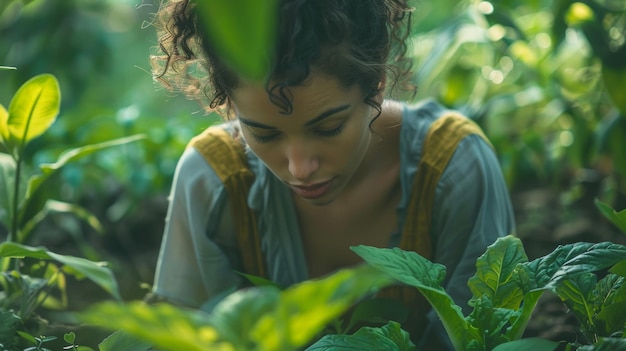 Uma pessoa agachada em um jardim cuidando de plantas