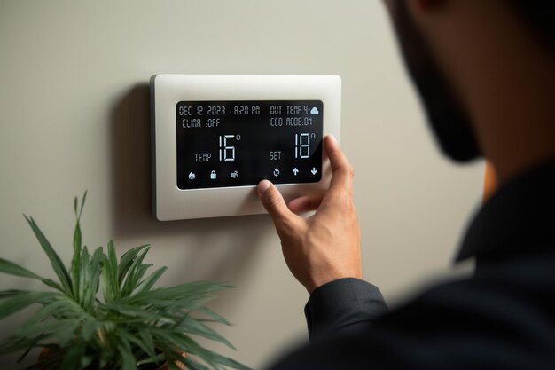 Uma pessoa ajustando um termostato digital moderno e elegante em uma sala de estar bem iluminada