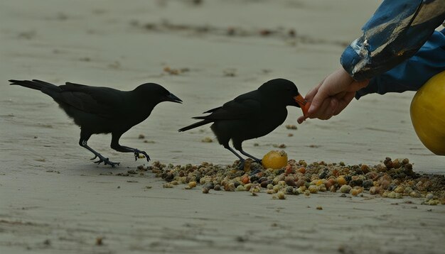 Foto uma pessoa alimentando pássaros na praia com uma pessoa que os alimenta