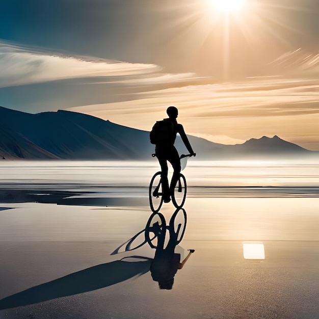 Uma pessoa andando de bicicleta em uma praia com montanhas ao fundo.