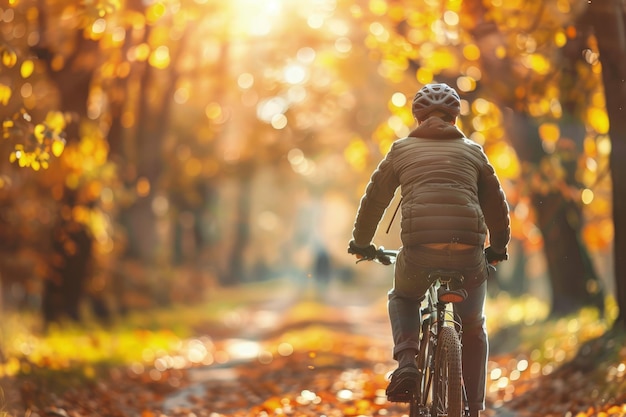 Uma pessoa andando de bicicleta por uma estrada coberta de folhas