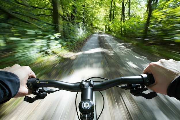 Uma pessoa andando de bicicleta por uma estrada florestal