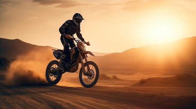 Uma pessoa andando de bicicleta suja no deserto ao pôr do sol