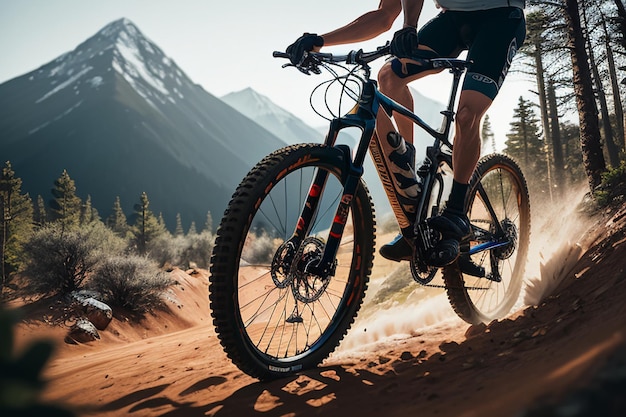 Uma pessoa andando de mountain bike em uma trilha nas montanhas