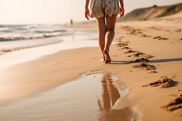 Uma pessoa andando descalça em uma praia de saúde mental