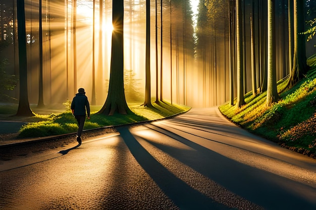 Uma pessoa andando em uma estrada com o sol brilhando por entre as árvores