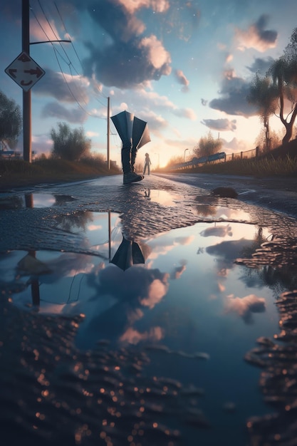 Uma pessoa andando em uma estrada molhada com uma imagem ai generativa de guarda-chuva