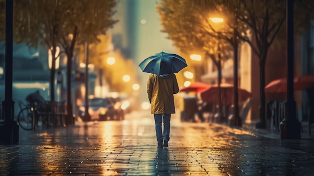 Uma pessoa andando na calçada com um guarda-chuva