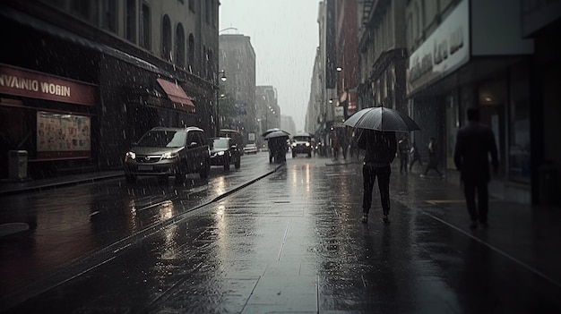 Uma pessoa andando na chuva com um guarda-chuva