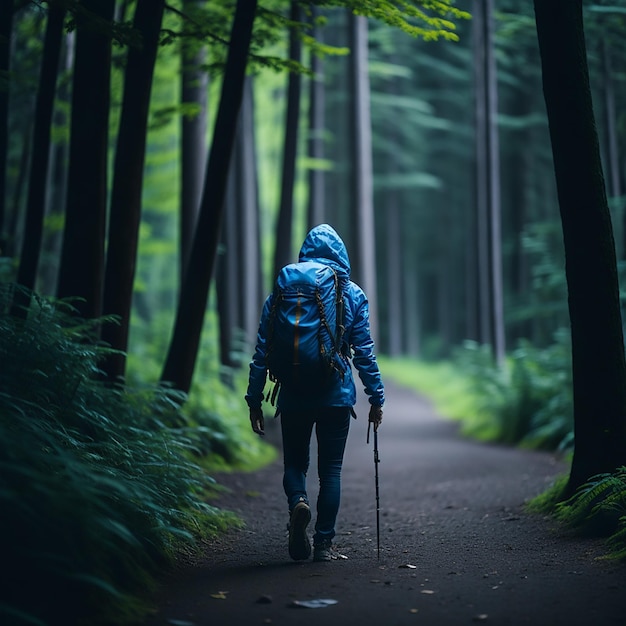 Uma pessoa andando por um caminho com uma jaqueta azul.