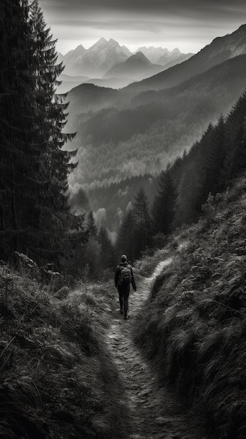 Uma pessoa andando por um caminho nas montanhas