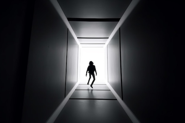 Uma pessoa andando por um túnel com a luz brilhando.
